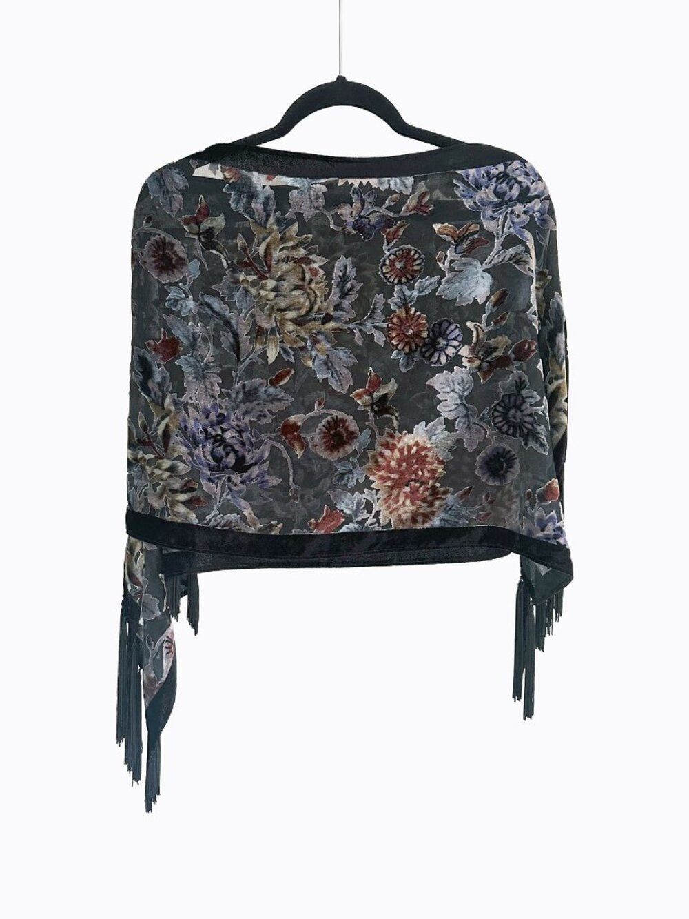Vtg Velvet Burnout Floral Fringe Shawl Wrap Sheer Black Whimsigoth Scarf Y2K 90s